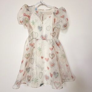 FARM Rio White Chiffon Midi Dress with Pastel Hearts & Pineapples